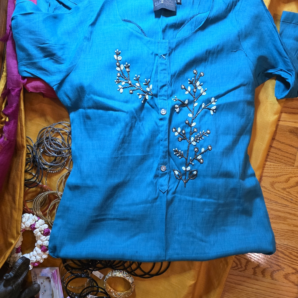 Global Desi Teal Embroidered Button Down Shirt